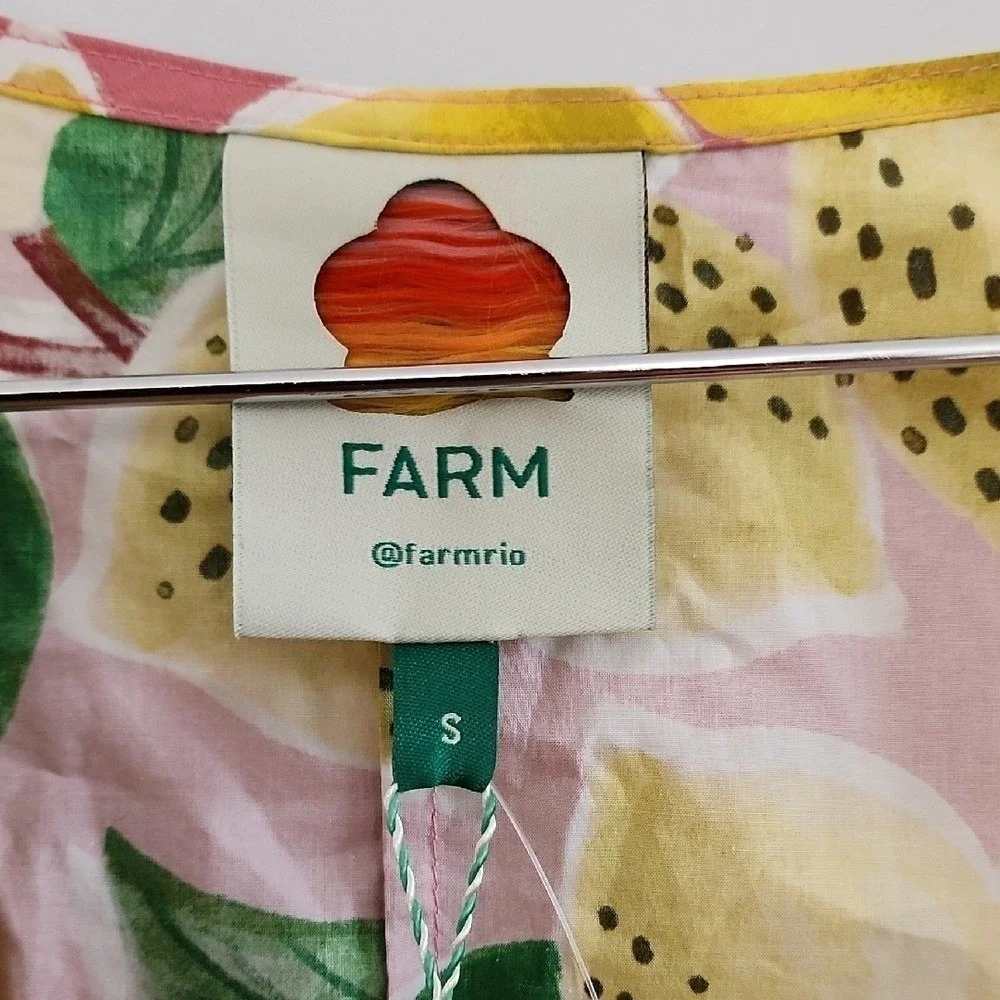 Farm Rio Fresh Lemons Puff Sleeves Shirt Womens Small Yellow Tropical Boho NWT